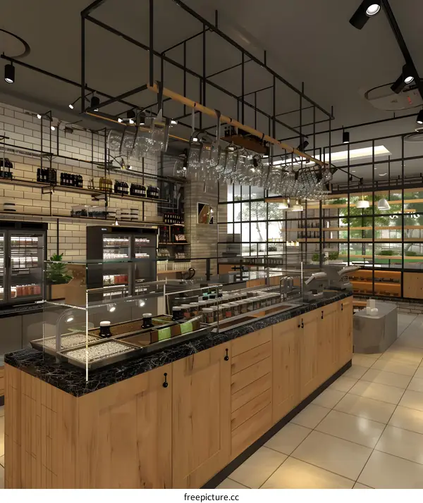 Modern Cafe Interior Design with Glass Hanging Light Fixture