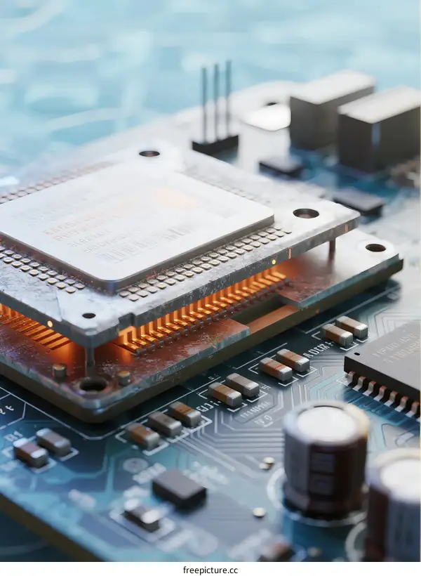 Close-up view of electronic circuit board with processor and components