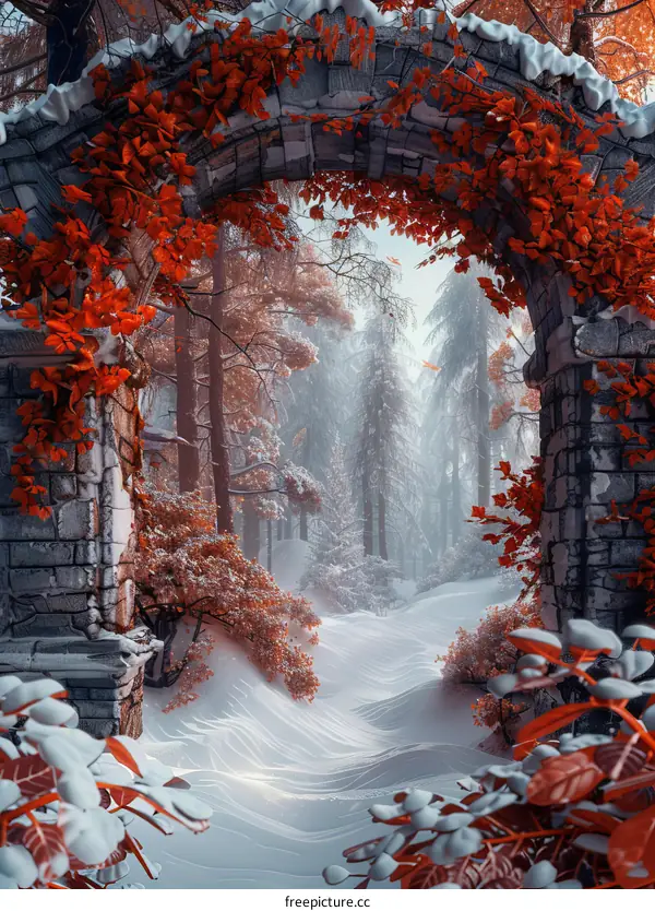 Stone Archway in a Snowy Forest
