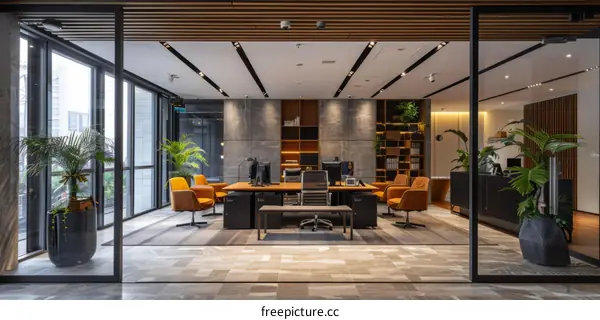 An interior view of a modern office