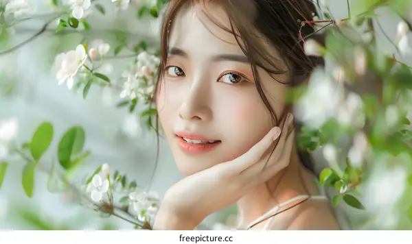 Beautiful Asian Woman with Flowers in Her Hair