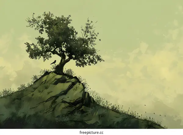 Green Tree on a Cliff with Birds Flying in the Sky Illustration