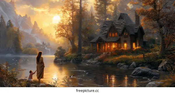 The Setting Sun Overlooks a Peaceful Lake and Cottage