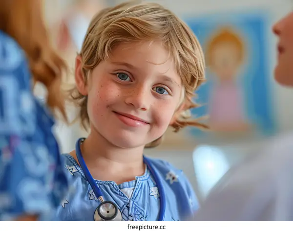 Little boy with freckles on his face smiling while wearing a stethoscope around his neck