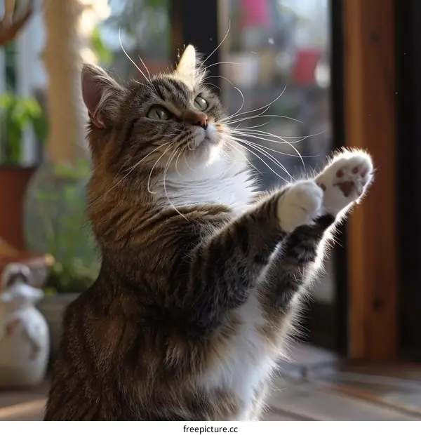 A cute tabby cat with white paws reaching up