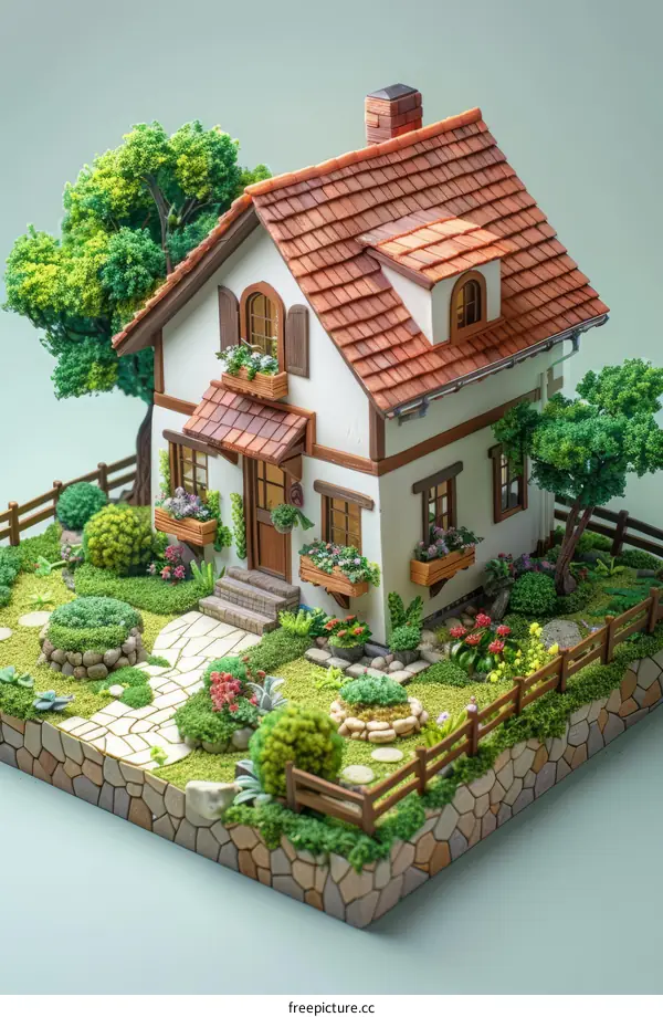 A miniature model house with a garden