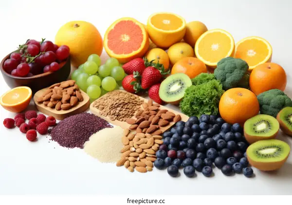 A variety of fruits and vegetables are arranged on a white background. There are two bowls of almonds and a bowl of berries. Also included are flax seeds and sugar.