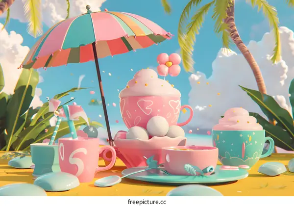 Summer Beach Scene with Whipped Cream Coffee Cups and Umbrella