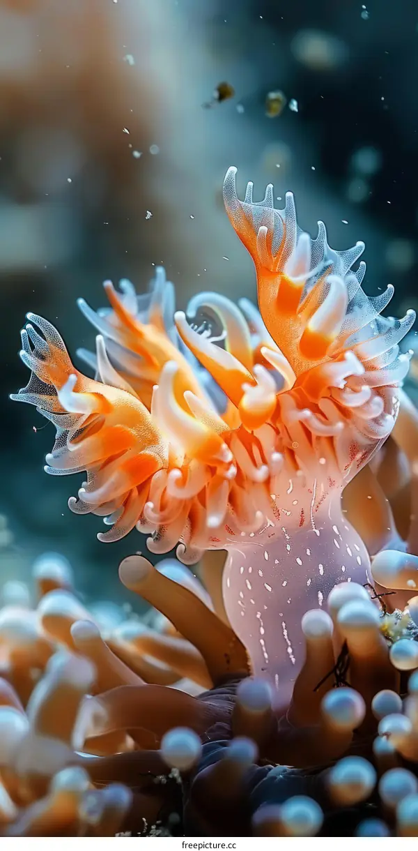 Underwater world with orange anemone flower