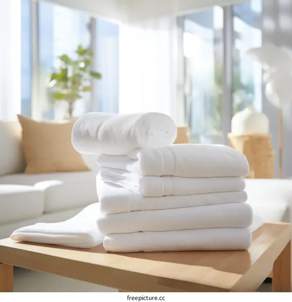 A stack of white towels on a wooden table near sofa with large windows in the background