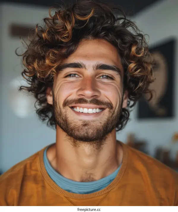 Close-up Portrait of a Smiling Man with Curly Hair