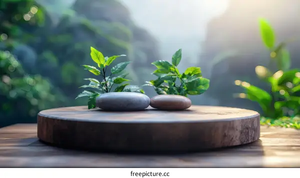 Nature Scene with Stones and Plants on Wooden Surface