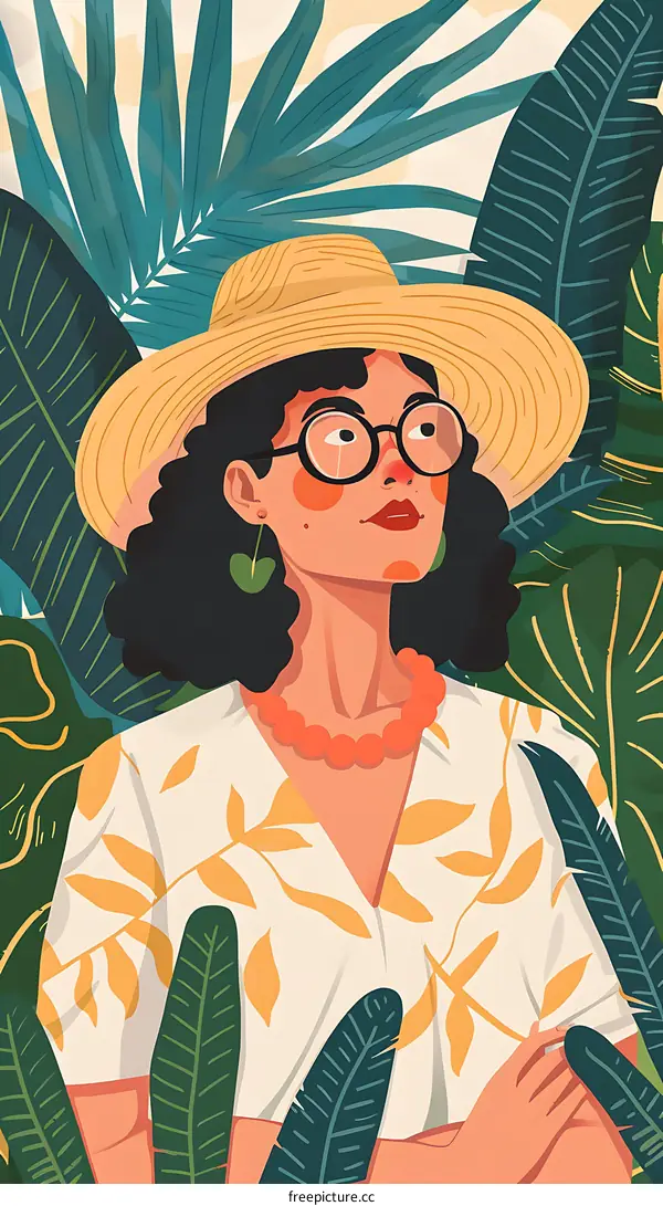 Woman in Hat Surrounded by Lush Tropical Leaves
