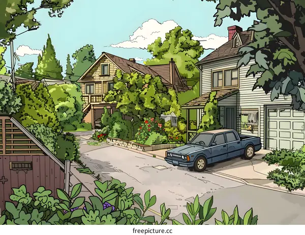 Cartoon Illustration of a Suburban Street with Houses and a Car
