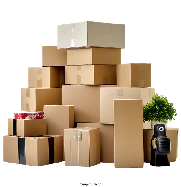 [Transparent Background PNG]Cardboard Boxes Stacked High for Moving