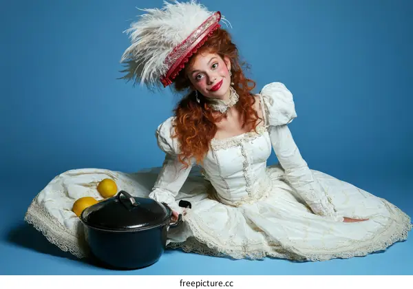 Elegant Woman in Vintage Dress with Lemon