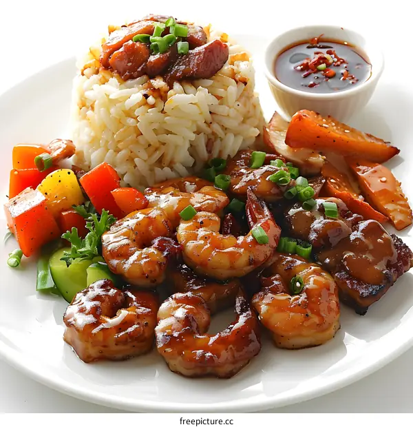 plate of shrimp and rice with vegetables