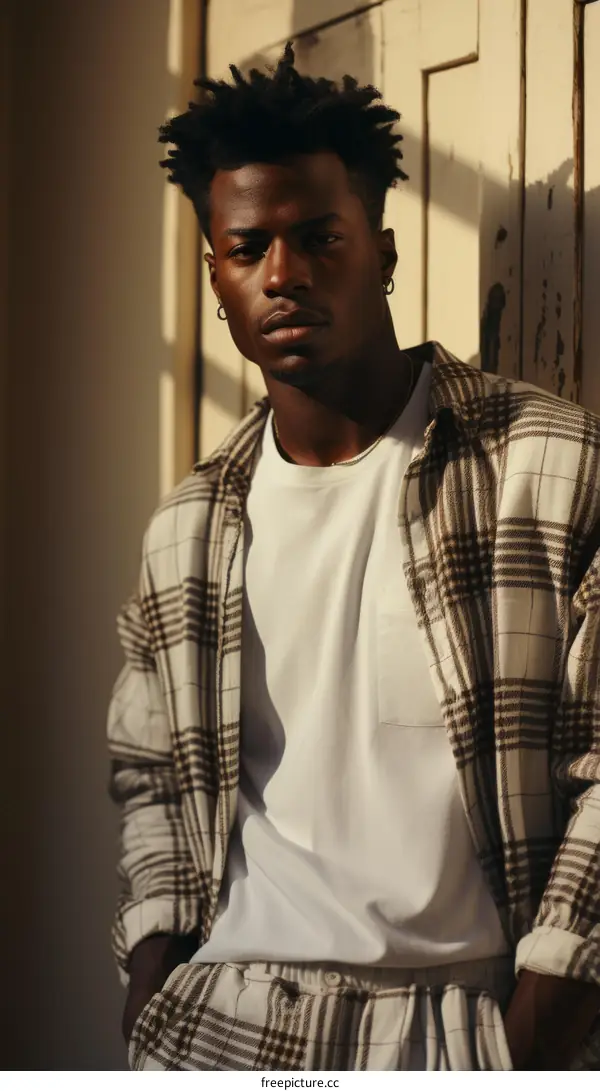 A young African-American man is standing in front of a door. He is wearing a white shirt and a brown plaid shirt.