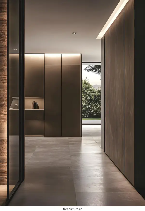 Modern Interior Design With Wooden Cabinets And Glass Door