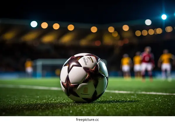 A soccer ball on a field with blurred players in the background