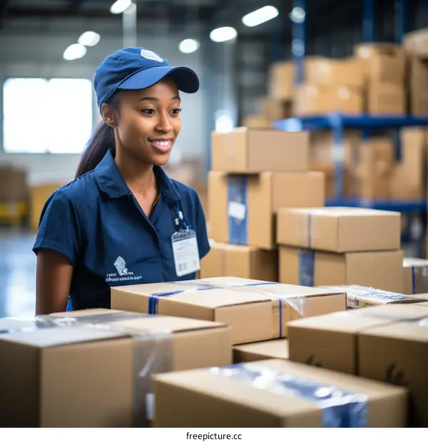 Portrait of a smiling African American woman wearing a blue cap and blue work shirt in a warehouse full of boxes