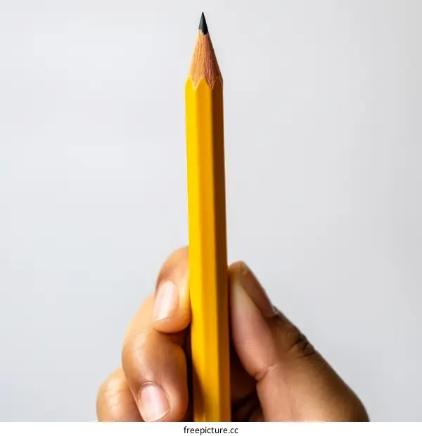 A hand holding a sharpened yellow pencil