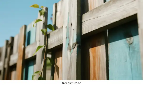 Wooden Fence with Climbing Plant in Sunlight