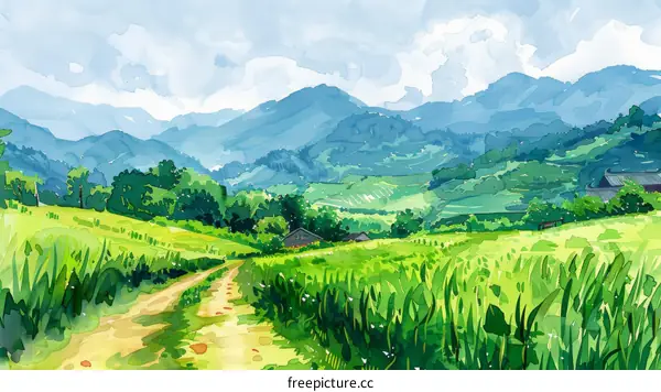 Watercolor Landscape Painting of a Country Path towards Mountains