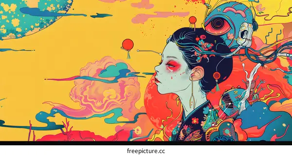 Abstract Digital Art Illustration with a Woman in a Kimono