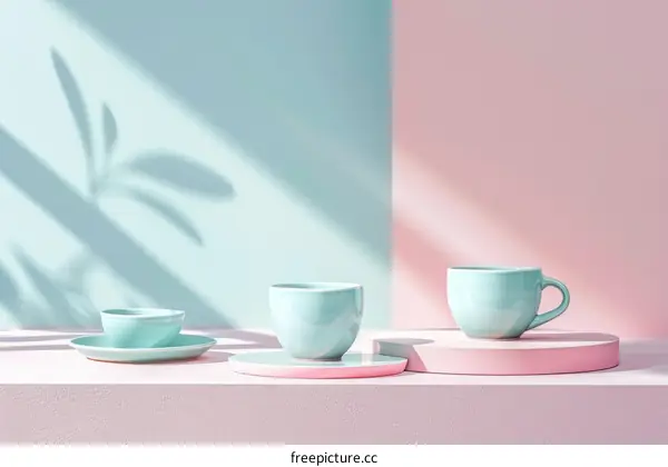 Three Blue Ceramic Cups on Pastel Pink and Blue Background