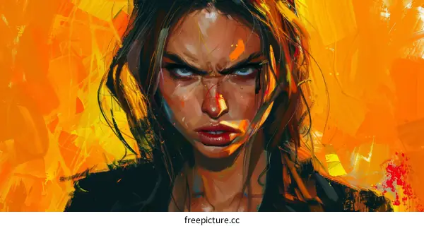 portrait of a woman with brown hair and green eyes looking at the viewer with an angry expression on her face