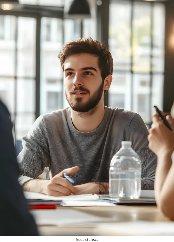 Young Man Listening Attentively in a Meeting