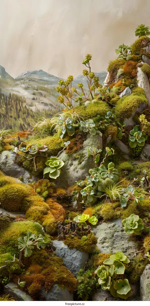 Green Moss and Succulents on Rocks with a Mountain View Background