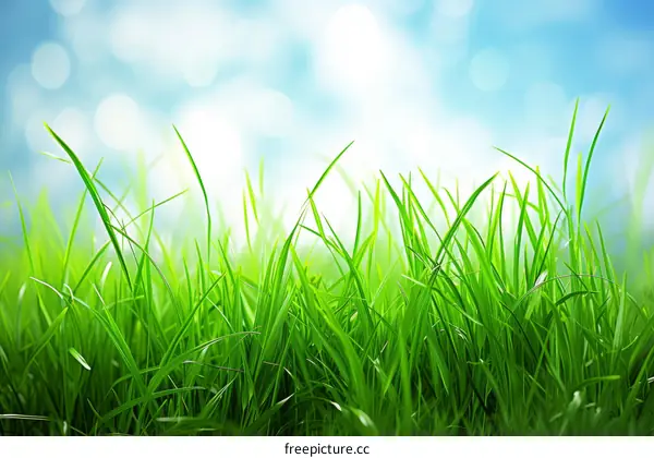 Close-up of green grass field with blurred sky background