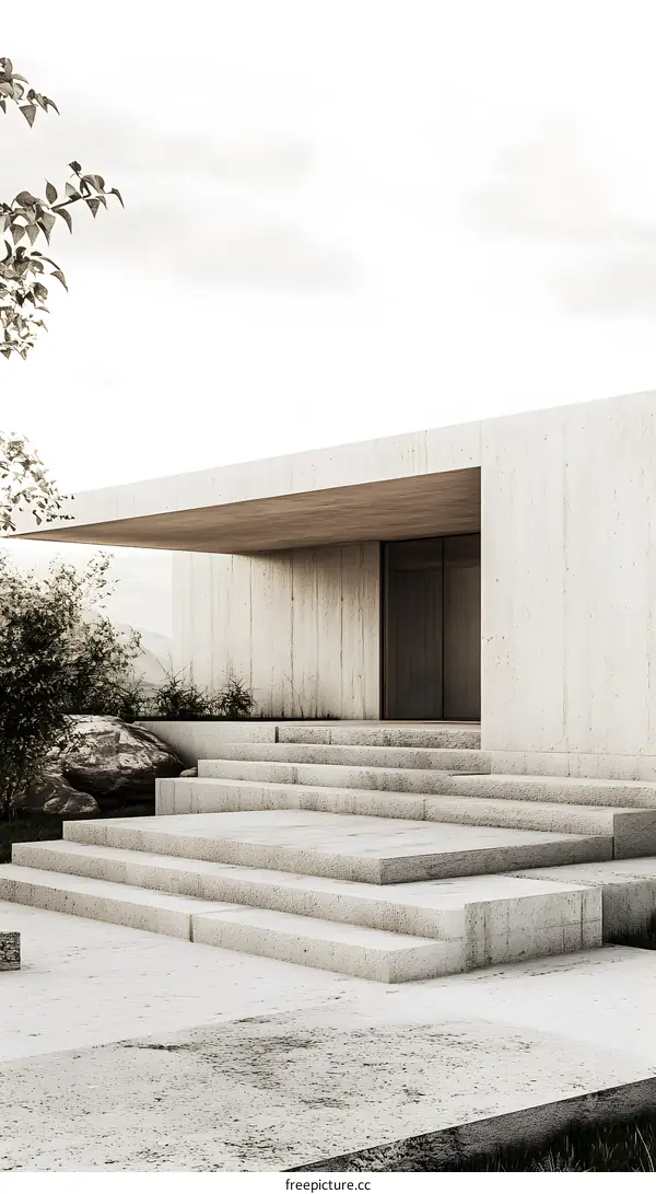 Minimalist Modern House Entrance with Concrete Stairs and Wooden Door