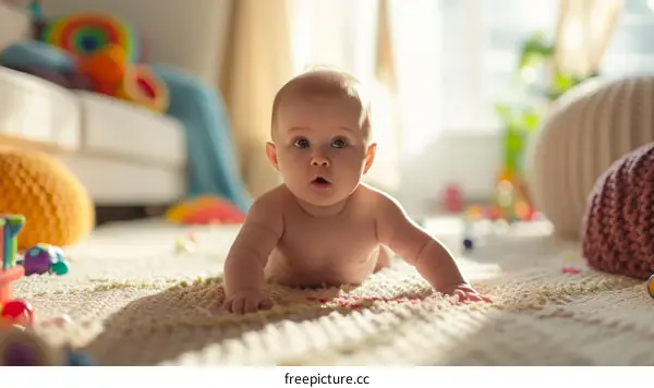 Baby Crawling on a Rug in a Bright Room