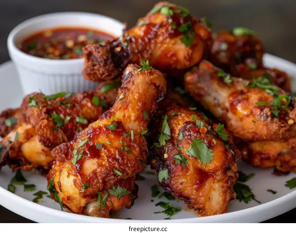 A plate of delicious looking chicken wings with a bowl of sauce