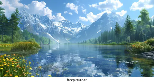 Majestic Mountains, Crystal Lake, and Vibrant Wildflowers