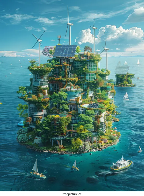 Futuristic floating city with solar panels and wind turbines