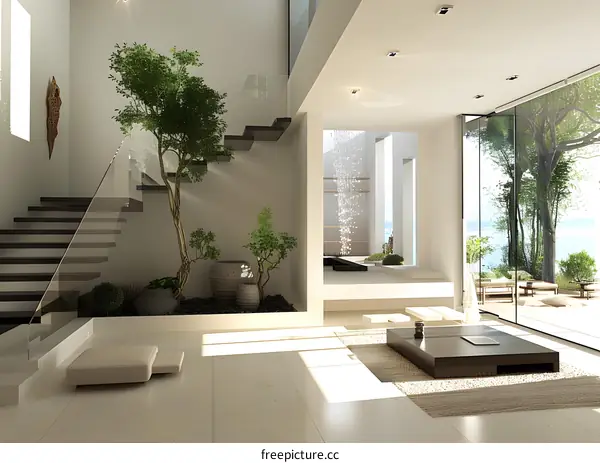 Modern Interior Design with Staircase and Zen Garden