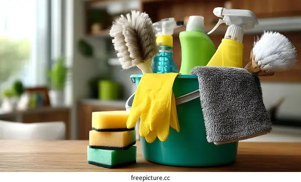Cleaning Supplies in a Teal Bucket on a Wooden Table