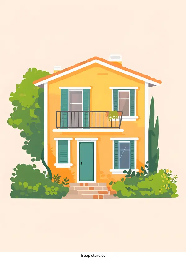 Yellow House with Green Shutters and Balcony