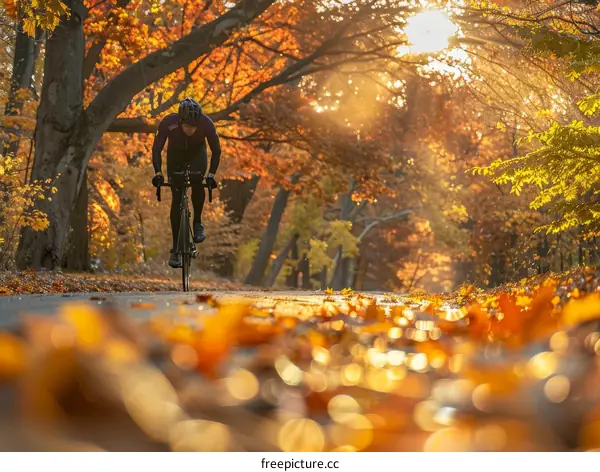 Cyclist riding on a road in the fall