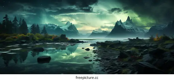 Aurora Borealis over a Serene Landscape with Mountains and Lake