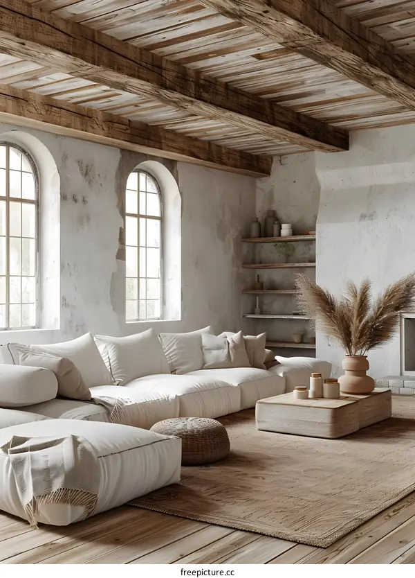 Modern rustic living room interior with white sofa, coffee table and fireplace