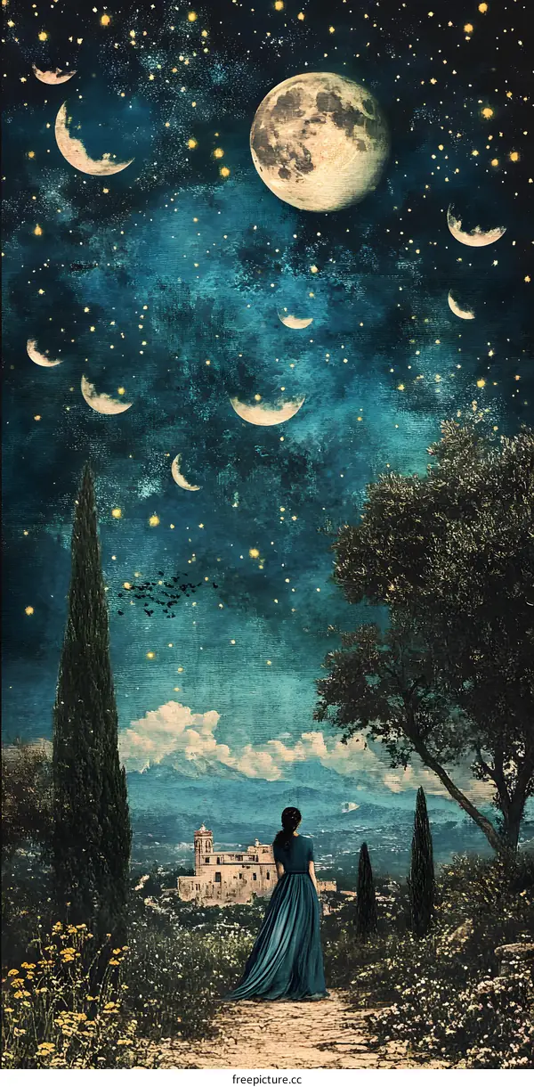 Woman in Blue Dress Under Starry Night Sky