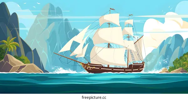 Sailing Ship Through Mountainous Landscape Illustration