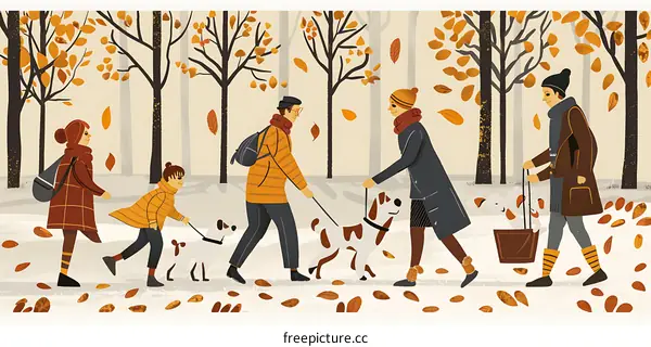 Family Walking In Autumn Forest With Dogs