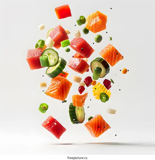 Flying ingredients for poke bowl