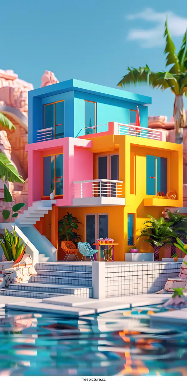 A colorful 3D rendering of a house with a pool